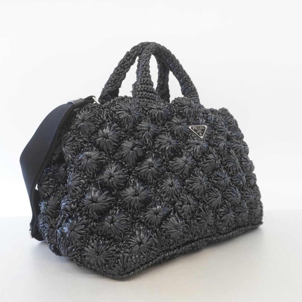 Auth Prada Canapa Women's Raffia Tote Bag Black - Picture 2 of 10